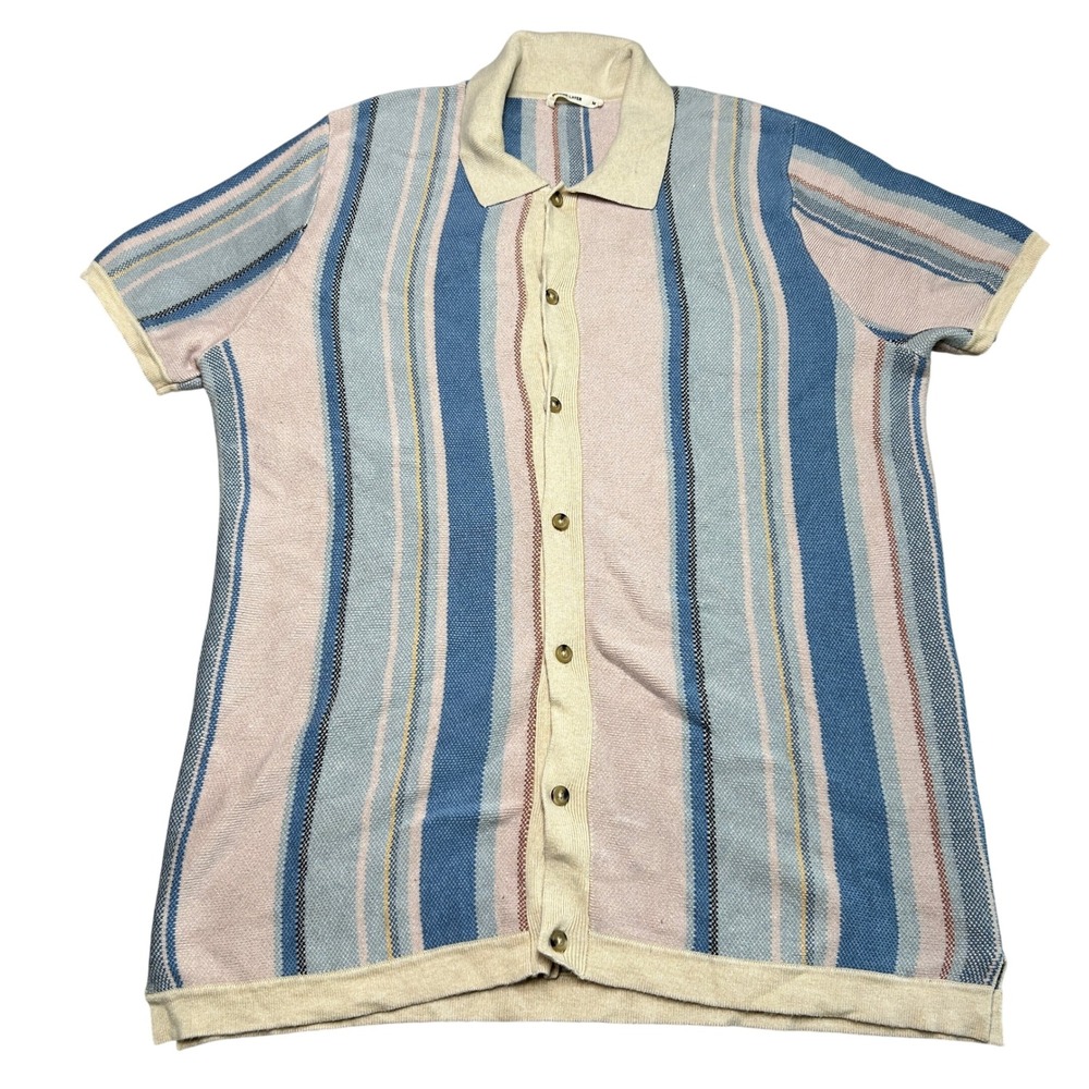 Marine Layer Mens M Short Sleeve Knit Button Down Polo Shirt Blue Pink Striped
